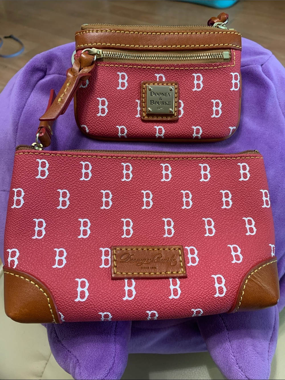 Dooney & Bourke Coral Red Monogram Cosmetic Pouch Duo with Tan Leather Trim
